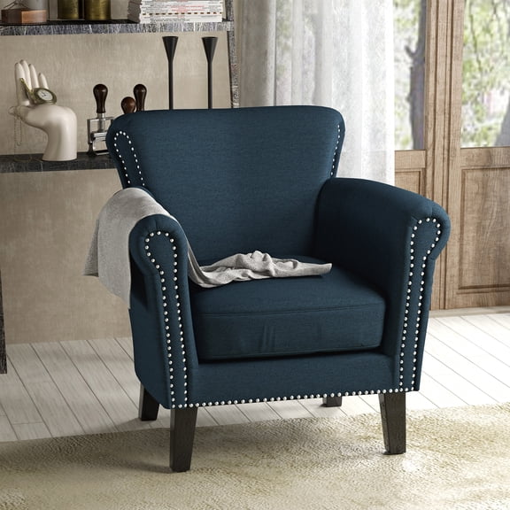 FFZ 32"Tall Club Chair with Birch Wood Legs and Rolled Armrests, Navy Blue