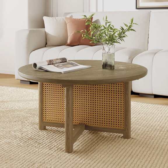 FFZ 32 inch Round Rattan Coffee Table with Solid Wood Frame, Wood