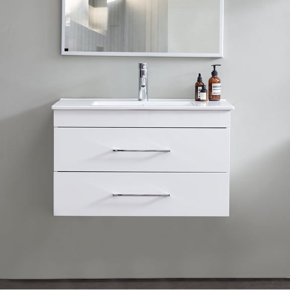FFZ 32-Inch Wall-Mounted Bathroom Vanity with Double Drawers, Ceramic Sink and Soft-Close System, White