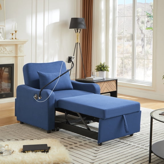 FFZ 34.4" 3-in-1 Convertible Sleeper Chair Bed with USB-C, Phone Holder, Adjustable Backrest, Dark Blue