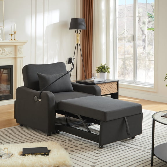FFZ 34.4" 3-in-1 Convertible Sleeper Chair Bed with USB-C, Phone Holder, Adjustable Backrest, Linen Fabric, Black