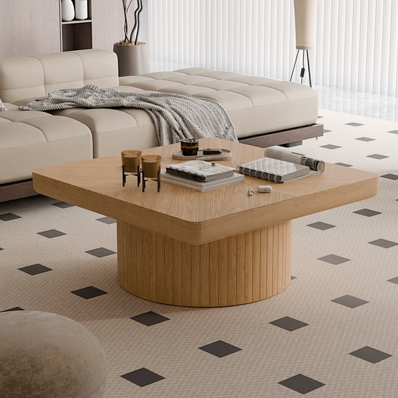 FFZ 34.6 inch Square Coffee Table Wood Veneer Top Parquet Pattern Cylindrical Base Thickened Natural