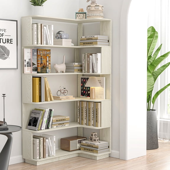 FFZ 35.4 inch Freestanding Corner Bookshelf with Anti-Drop Panel and Anti-Tipping Device, 5 Colors, White