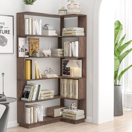 FFZ 35.4 inch Freestanding Corner Bookshelf with Anti-Drop Panel and Anti-Tipping Device, Dark Brown