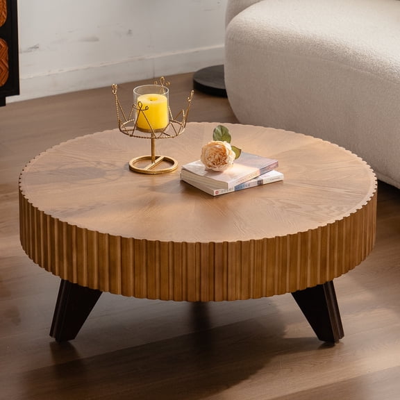 FFZ 35.4 inch Round Retro Coffee Table with Solid Wood Legs and MDF Top, Natural