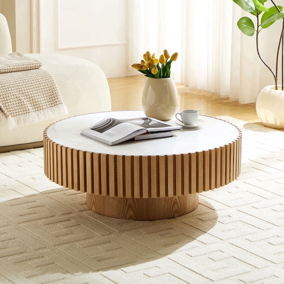 FFZ 35.43 inch Round Sintered Stone Coffee Table with Pedestal Base, MDF, Oak