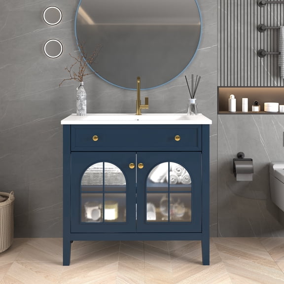 FFZ 35.6" Mid-Century Bathroom Vanity with Patterned Glass & Motion-Sensor Light, Freestanding Storage, Blue