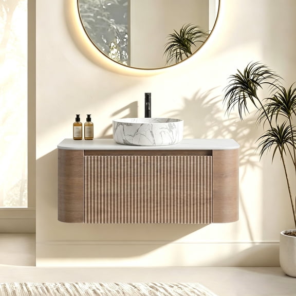 FFZ 35.85" Bathroom Vanity with Ceramic Basin, Curved Fluted Design and Included Towel Rack, Carrara White
