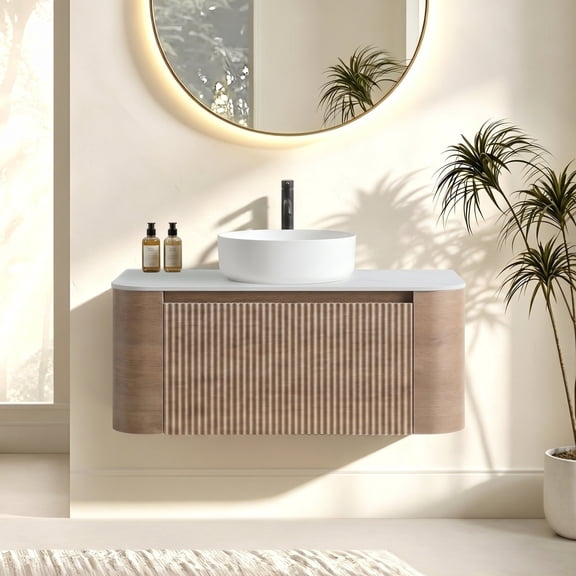 FFZ 35.85" Bathroom Vanity with Ceramic Sink, Curved Fluted Design and Towel Rack, Honey Oak