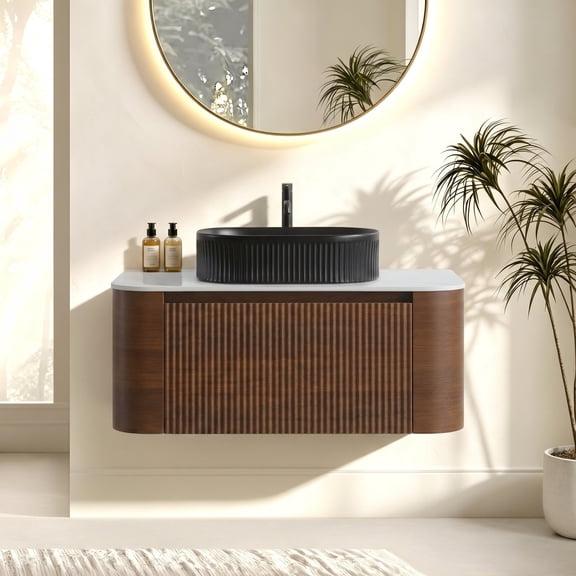 FFZ 35.85" Curved Fluted Bathroom Vanity with Ceramic Sink and Towel Rack, Black