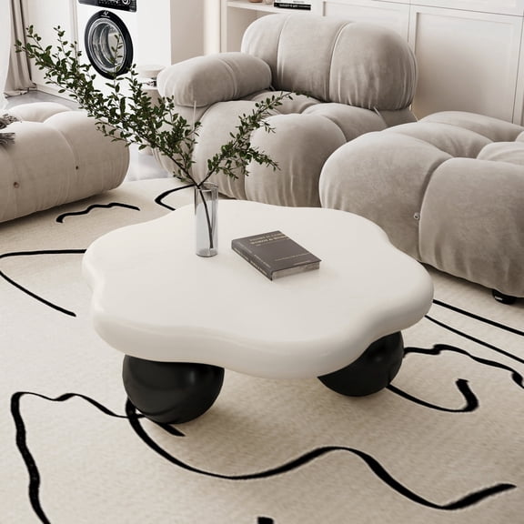 FFZ 35" Cloud Shaped Coffee Table with Spherical Legs, Kid & Pet Friendly, White Top Black Legs, Black White