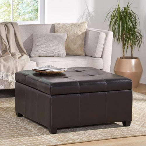 FFZ 35"L Storage Ottoman Bench with Tufted Waffle Stitch and Birch Wood Legs, Espresso