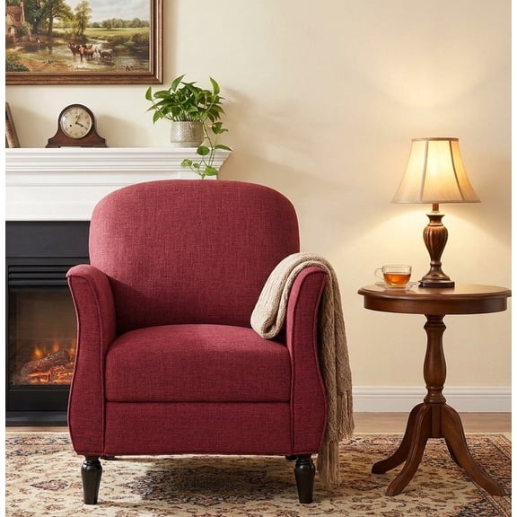 FFZ 35"Tall Traditional Tweed Accent Armchair with Solid Wood Legs, WINE RED
