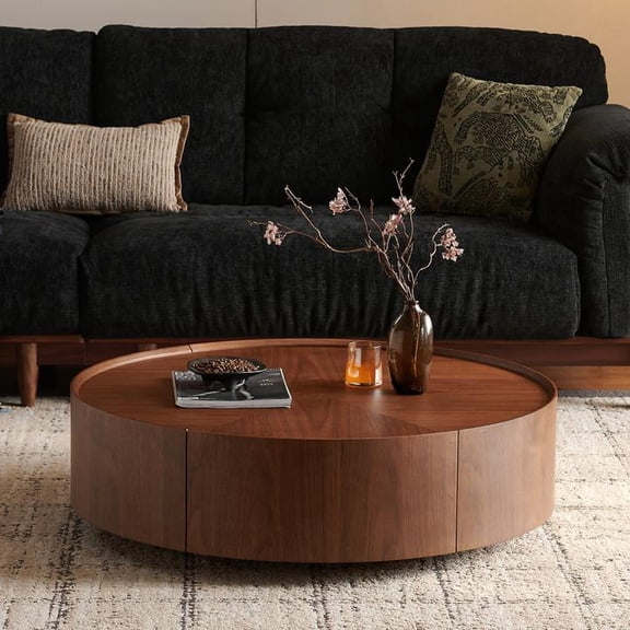 FFZ 35.4 inch Circular Coffee Table with Handcrafted Mosaic Top and Metal Base, Walnut