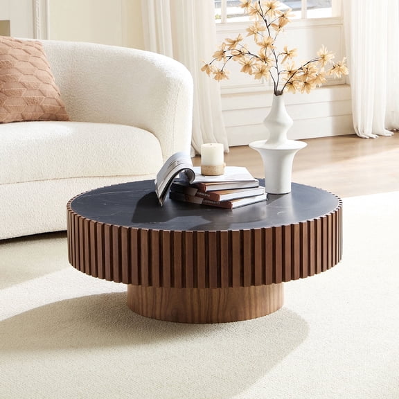 FFZ 35.43 inch Round Sintered Stone Coffee Table with Pedestal Base, Walnut