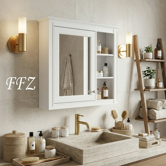 FFZ 36''×28'' White Painted MDF Medicine Cabinet – Wall-Mounted Mirror Storage with 3 Open Shelves (Vanity Not Included)
