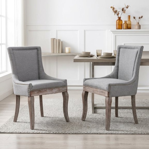 FFZ 36.4"Tall Set of 2 Fabric Dining Chairs with Solid Wood Legs and Bronze Nail Head, Gray
