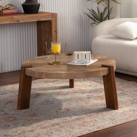 FFZ Round Herringbone Coffee Table with Solid Wood Top, Tapered Legs, 36.61, Natural Wood