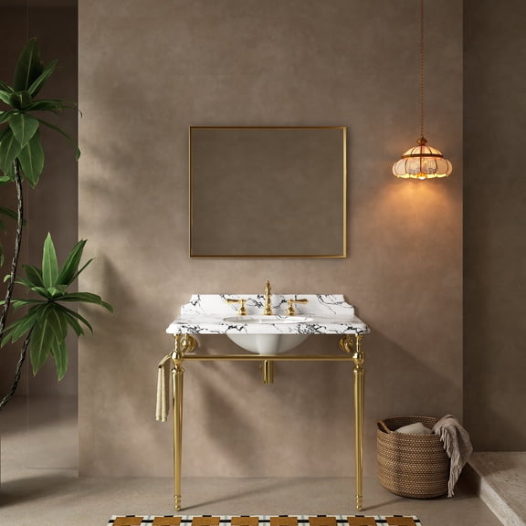 FFZ 36" Bathroom Console Sink with Undermount Ceramic Basin, Artificial Marble Top and Gold, Gold