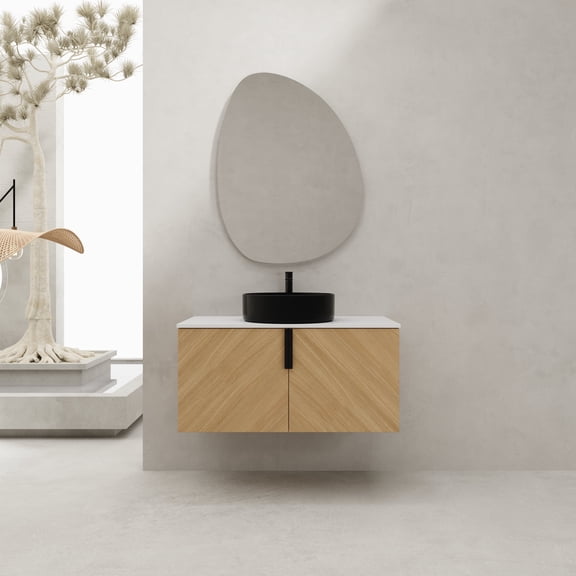 FFZ 36 inch Wall-Mounted Bathroom Vanity with Ceramic Sink and Artificial Stone Slab, 2 Soft-Close Doors, Oak