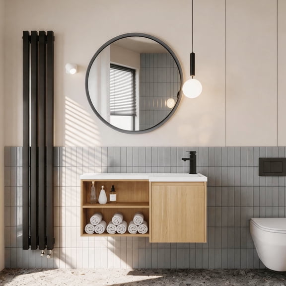 FFZ 36" L-Shaped Corner Floating Vanity with Resin Sink, Soft-Close Door & Open Shelves, Glossy White