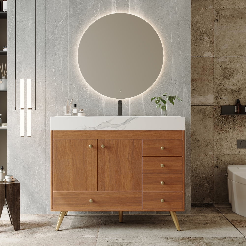FFZ 36" Freestanding Bathroom Vanity with Faux Marble Top, Ceramic Sink, 5 Drawers & Stainless Steel Legs,4 Colors For Bathromm and Living Room