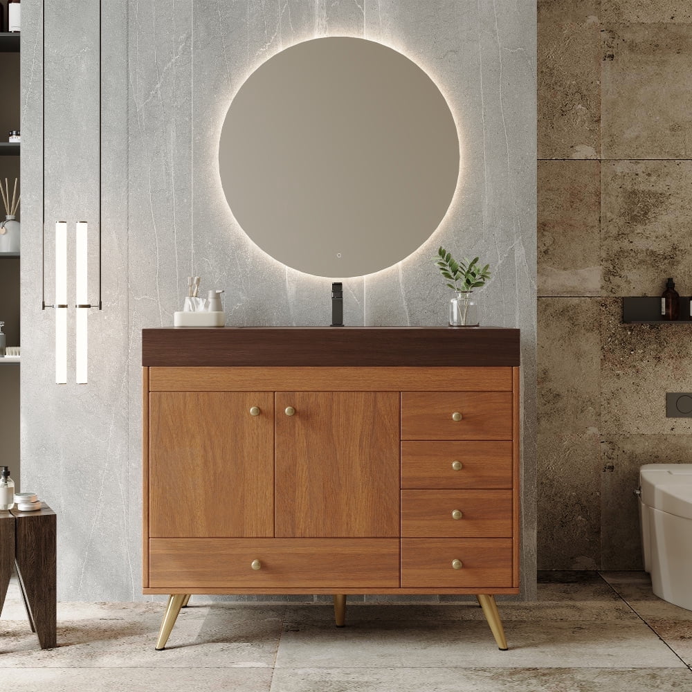 FFZ 36" Freestanding Bathroom Vanity with Faux Marble Top, Ceramic Sink, 5 Drawers & Stainless Steel Legs,4 Colors for Bathromm and Living Room
