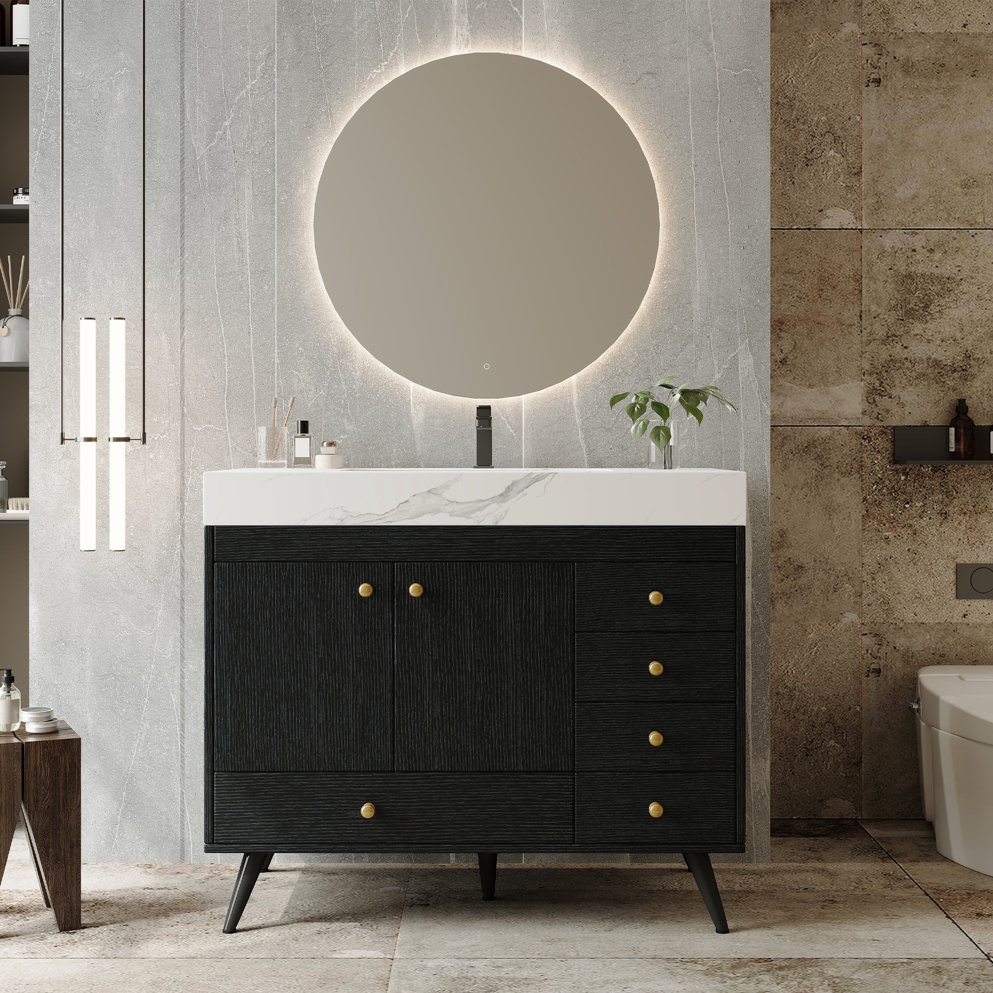 FFZ 36 inch Freestanding Bathroom Vanity Faux Marble Top Ceramic Sink 5 Drawers Stainless Steel Legs