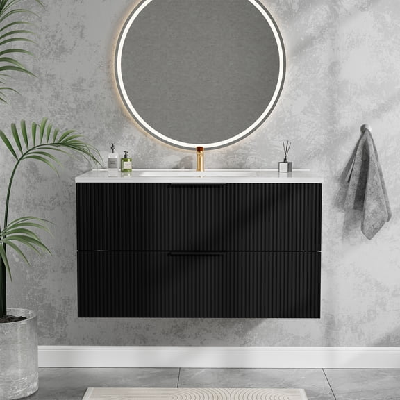 FFZ 36 Inch Floating Fluted Bathroom Vanity with Ceramic Sink, Drawers and Wall Mount, Matte Black