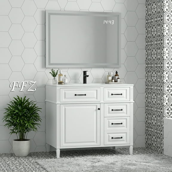 FFZ 36-Inch Freestanding Vanity Set (4 Colors) – Rubberwood Frame, Flip Drawers & Ceramic Sink