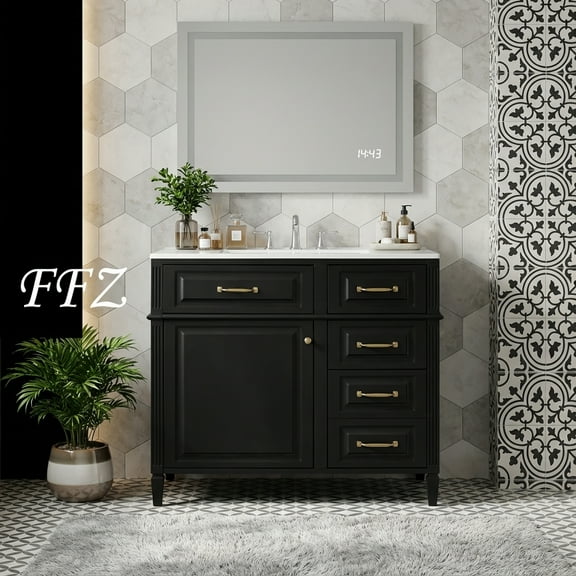 FFZ 36-Inch Freestanding Vanity Set (4 Colors) – Rubberwood Frame, Flip Drawers & Ceramic Sink