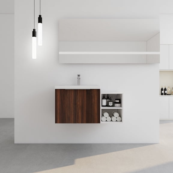 FFZ 36 Inch Bathroom Vanity with Soft Close Doors, Small Storage Shelves and Resin Sink, California Walnut