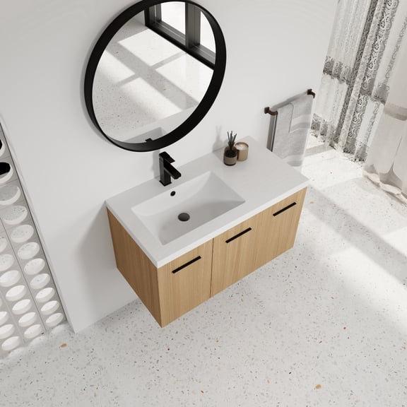 FFZ 36 inch Wall-Mounted Floating Bathroom Vanity with Sink, 3-Door Cabinet and Gel Coat Top, Glossy White