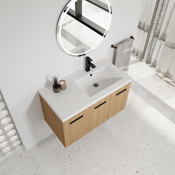 FFZ 36 inch Wall-Mounted Floating Bathroom Vanity with Sink, 3-Door Cabinet and Gel Coat Top, Glossy White