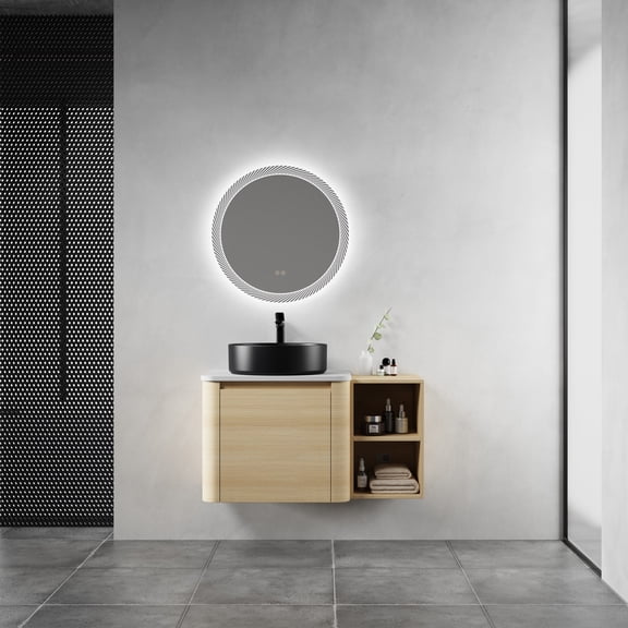 FFZ 36" Wall-Mounted Bathroom Vanity with Ceramic Art Sink, Storage Shelves, Soft-Close Doo, Ameican White Oak