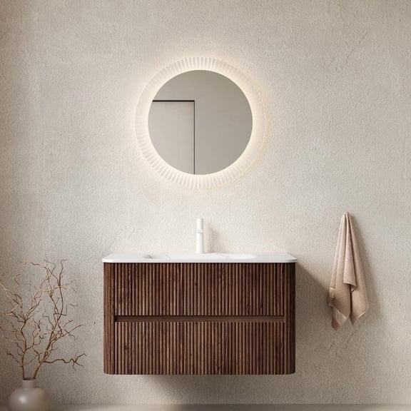FFZ 36 inch Floating Bathroom Vanity with Sintered Stone Basin, 2 Drawers and Walnut Woodgrain, Carrara White