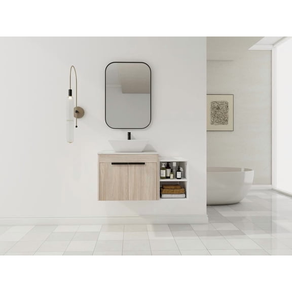 FFZ 36 inch Modern Bathroom Vanity with Ceramic Art Sink, Soft-Close Door and Storage Shelves, White Oak