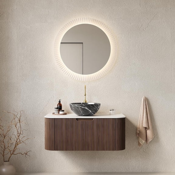 FFZ DINA 36" Wall-Mounted Bathroom Vanity with Black Ceramic Basin, Drawer, Dark Walnut F, Black + Dark Walnut