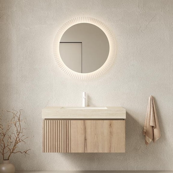 FFZ 36" Floating Bathroom Vanity with Roma Travertine Stone Top, Ceramic Basin, Plywood Cabinet, Beige