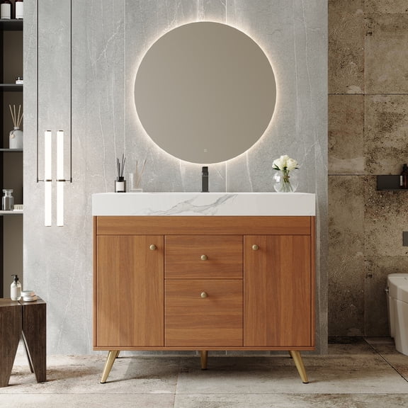 FFZ 36 inch Modern Freestanding Bathroom Vanity with Sintered Stone Top, Ceramic Sink and Smart Storage, Gold