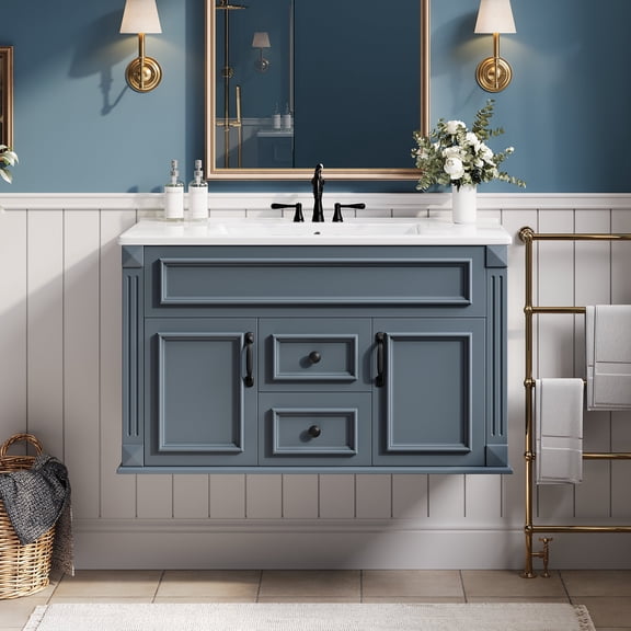 FFZ 36 inch Wall Mounted Bathroom Cabinet with Ceramic Sink and Drawers, French Simple Style Vanity, Blue