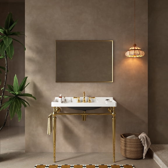 FFZ 36 inch Bathroom Console Sink with Stainless Steel Legs and Towel Bar, 35.83 x 18.5 x 36.42 inch, Gold