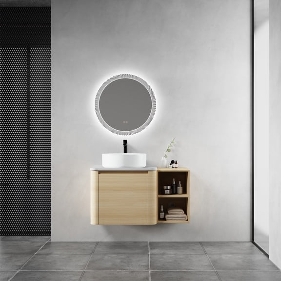 FFZ 36" Wall-Mounted Bathroom Vanity with Ceramic Art Sink, Storage Shelves, Soft-Close Doo, Ameican White Oak