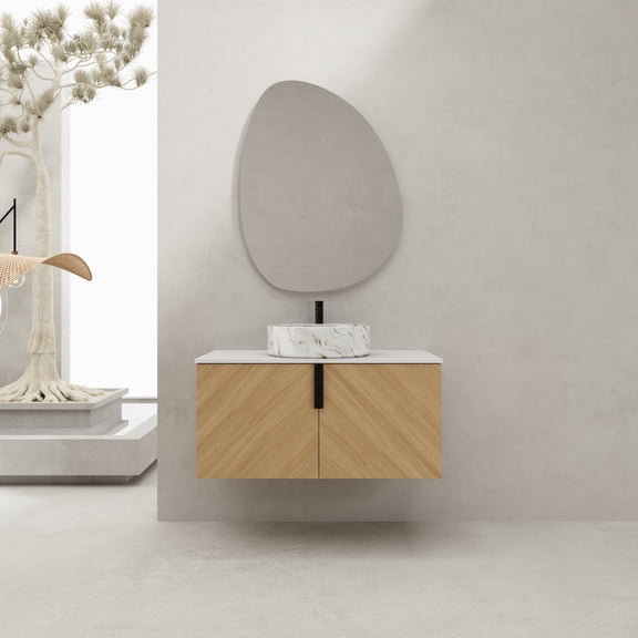 FFZ 36 inch Wall-Mounted Bathroom Vanity with Ceramic Sink and Artificial Stone Slab, 2 Soft-Close Doors, Oak