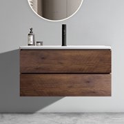 FFZ 36 Wall Mounted Walnut Floating Bathroom Vanity with Ceramic Sink, Large Storage, White+Walnut
