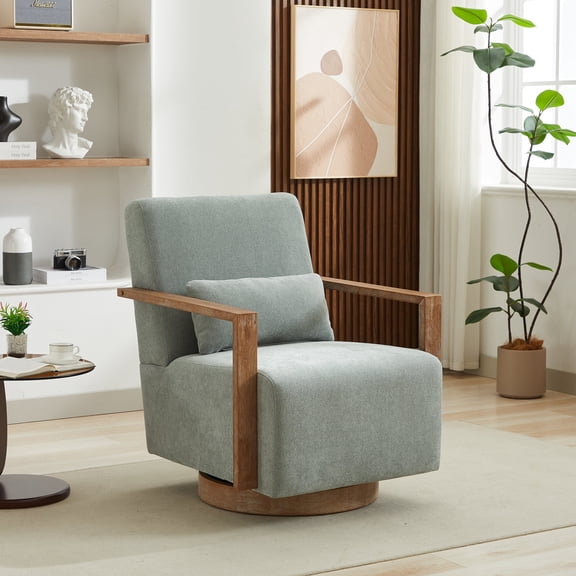 FFZ 360-Degree Swivel Accent Chair with Solid Wood Armrests and Linen Blend Fabric, Pale Green