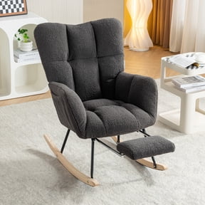 FFZ 37"L Teddy Fabric Rocking Chair with Adjustable Footrest and Storage Pocket, Dark Gray
