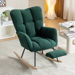FFZ 37"L Teddy Fabric Rocking Chair with Adjustable Footrest and Storage Pocket, Green