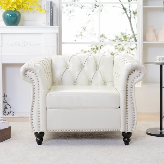 FFZ 38.98" 1 Seater Sofa with PU Leather Upholstery and Deep Tufted Backrest, White