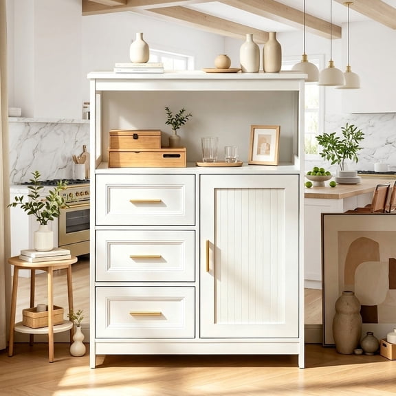 FFZ 38"L Modern Buffet Cabinet with 3 Drawers and 1 Door for Kitchen and Dining Room, White